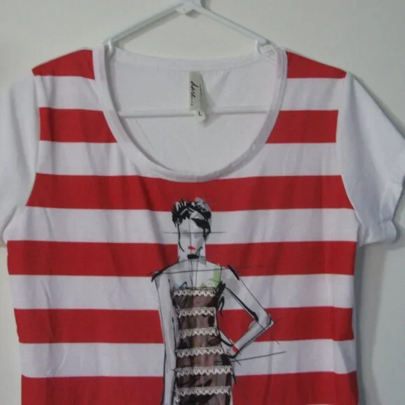 2/$15 Dare Modern Tee Tshirt NWOT New Large Red Stripe Fancy Lady - Picture 2 of 4